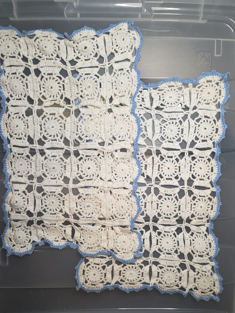 Handmade White Crochet Doilies with Light Blue Edging